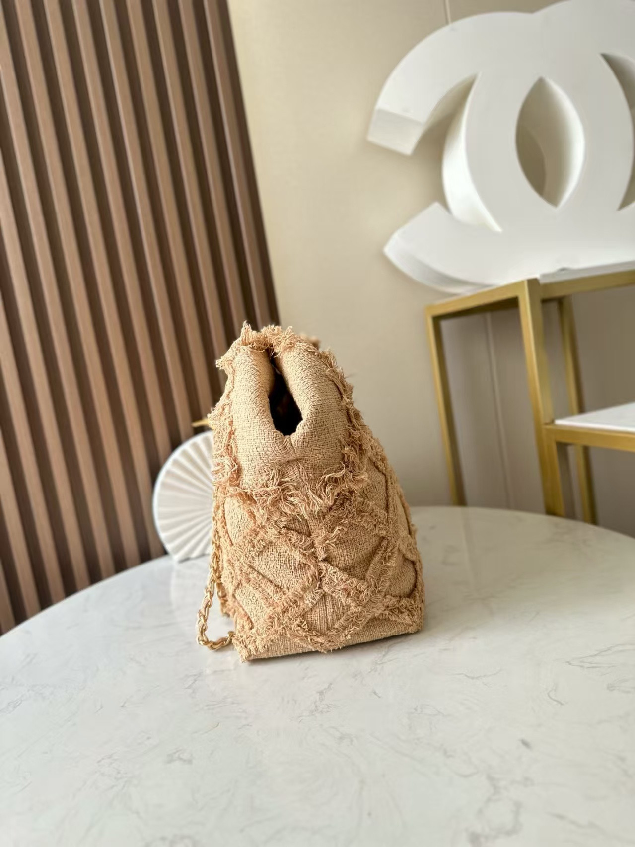 Ch*el vintage linen tassel tote straw bag 48x35x17cm