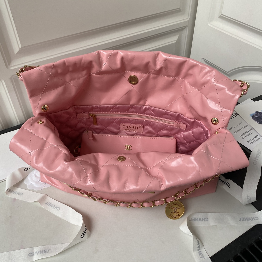 Ch*el 22 handbag shiny calfskin pink 30×45×8cm