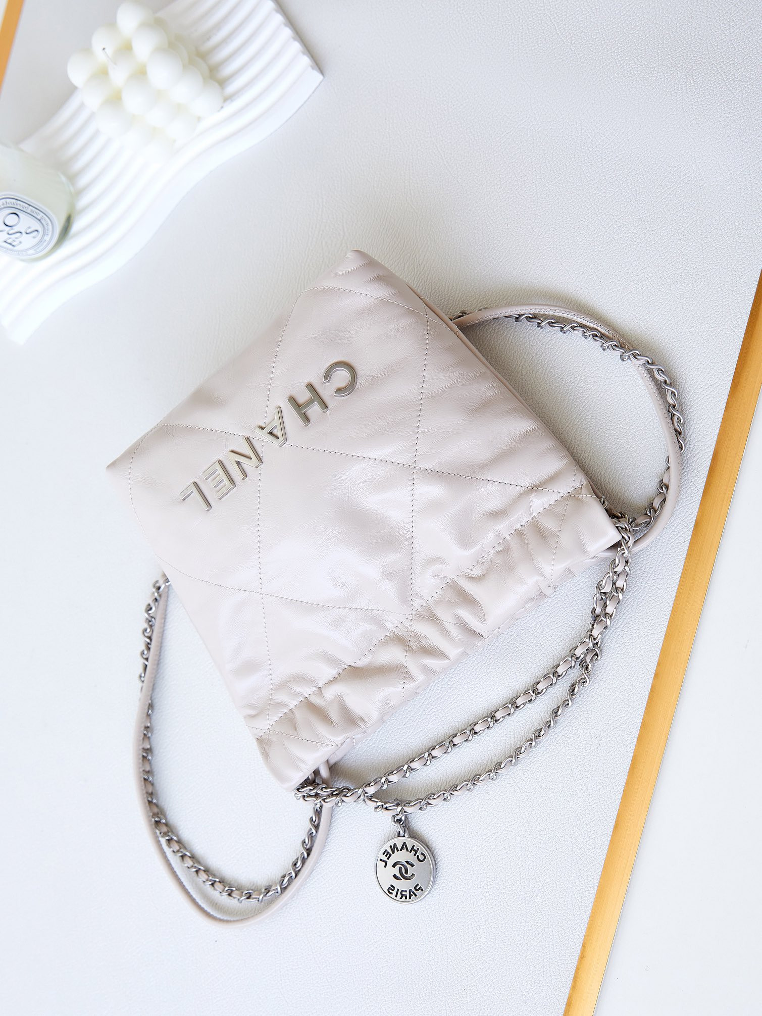 Ch*el 22 mini handbag shiny calfskin apricot 7.8 × 7.4 × 2.3 in