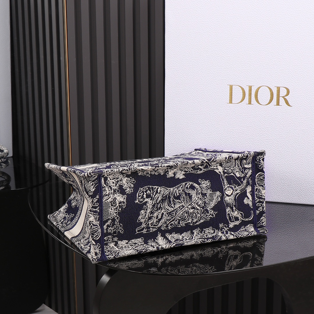 medium D*or book tote  blue and ecru toile de jouy reverse embroidery 14 x 11 x 6.5 inches