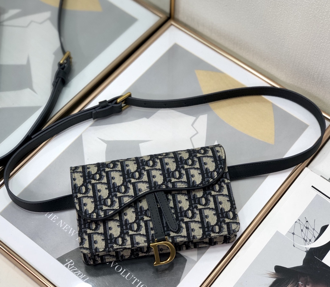 D*or saddle pouch blue D*or oblique jacquard  6.5 x 4 x 1.5 inches