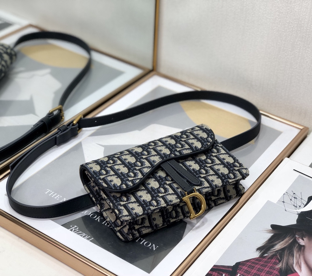 D*or saddle pouch blue D*or oblique jacquard  6.5 x 4 x 1.5 inches