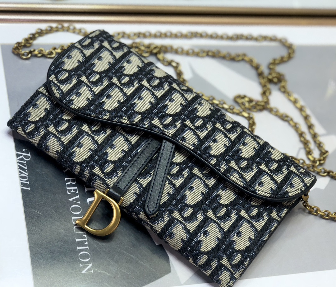 D*or saddle pouch with chain blue D*or oblique jacquard 8.5 x 5 x 1.5 inches