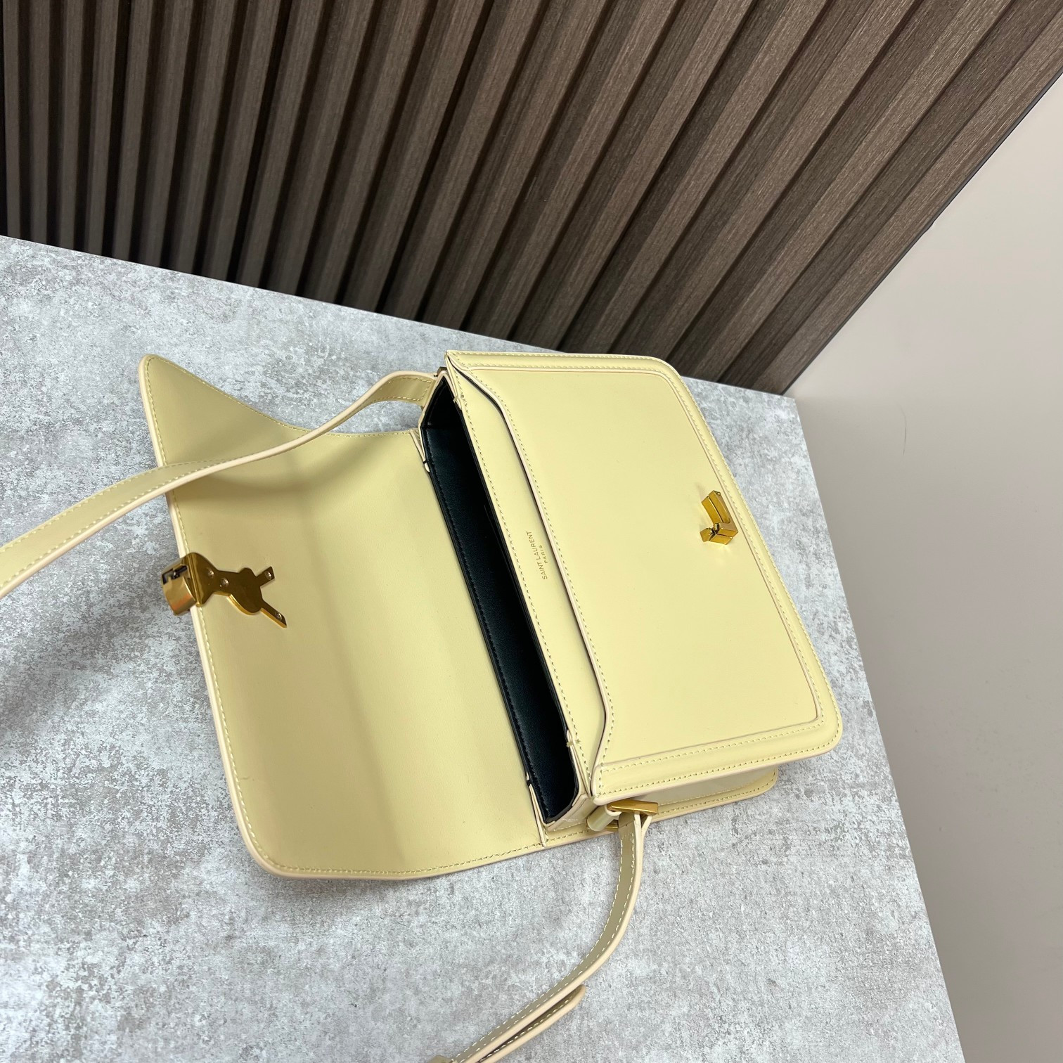 y*l solferino medium satchel in box Sa**t Lau*nt yellow 9.1 x 6.3 x 2.4 inches